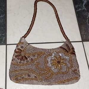 World Finds Brown Gold Beaded Handmade Sari Bag Purse